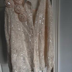 Elegant Cream Sequin Blouse with Floral Accents